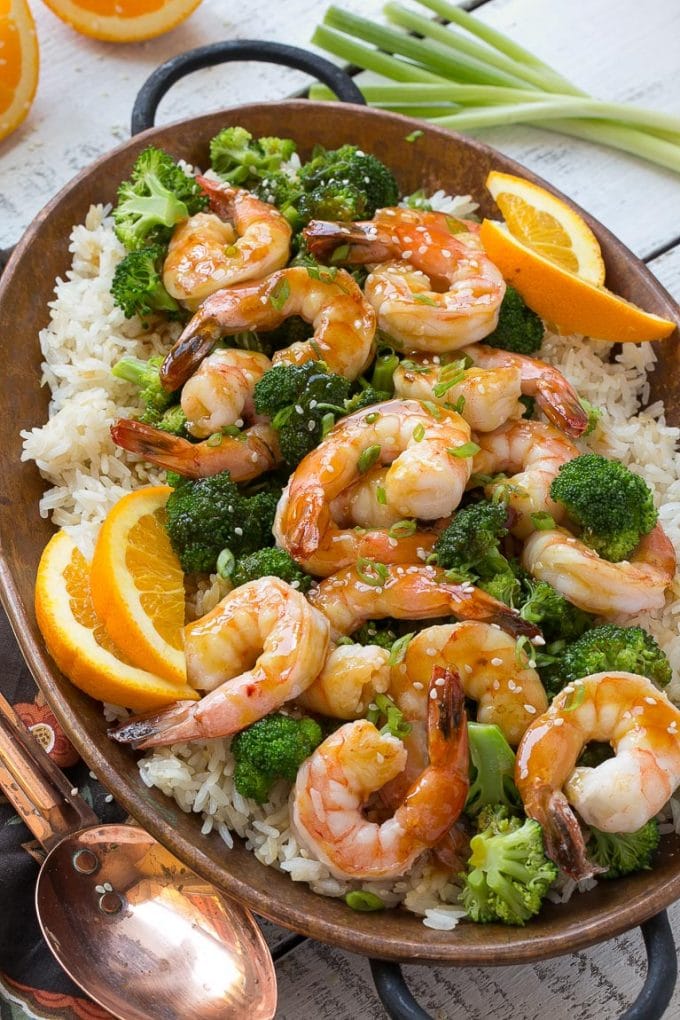Easy Orange Shrimp & Broccoli Stir-Fry & Garlic Sesame Rice